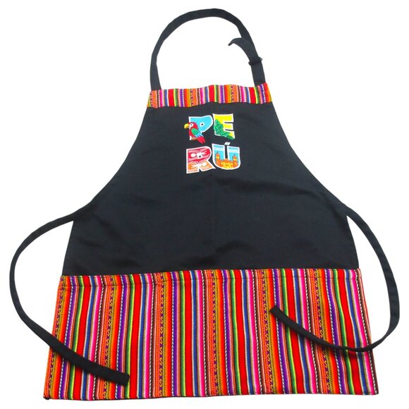 Peru Peruvian Design Kitchen Apron Unisex Black‎ Striped Lightweight Neck Strap - Picture 1 of 8